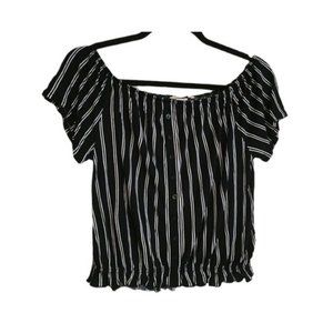 Women off shoulder crop top H&M sm black and white stripe button front viscose